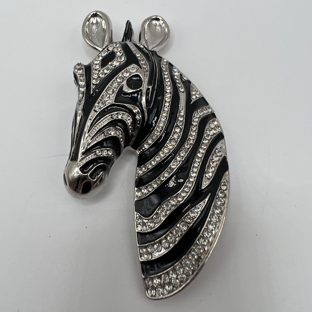 Glam Maximalist Safari Zebra‎ Rhinestone Enamel Statement Brooch 3.25"
